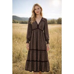 In Loom Dress Womens L Midi Brown Floral Crochet Accent Boho Prairie Cottage